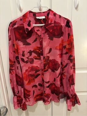 Milly Pink Floral Button-Front Chiffon Blouse with Red Accents